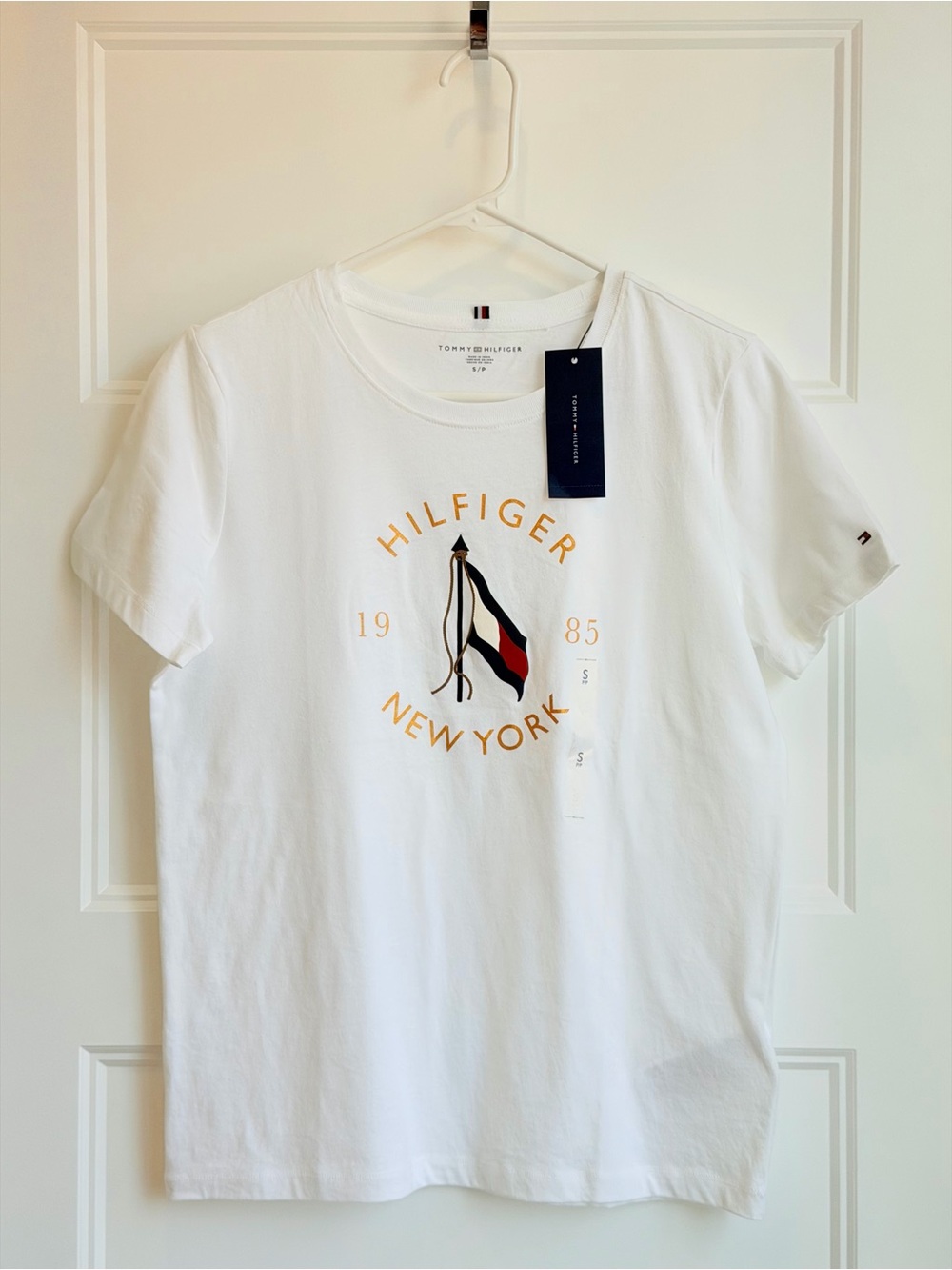 Tommy Hilfiger White Crewneck Logo Tee with Flag Motif